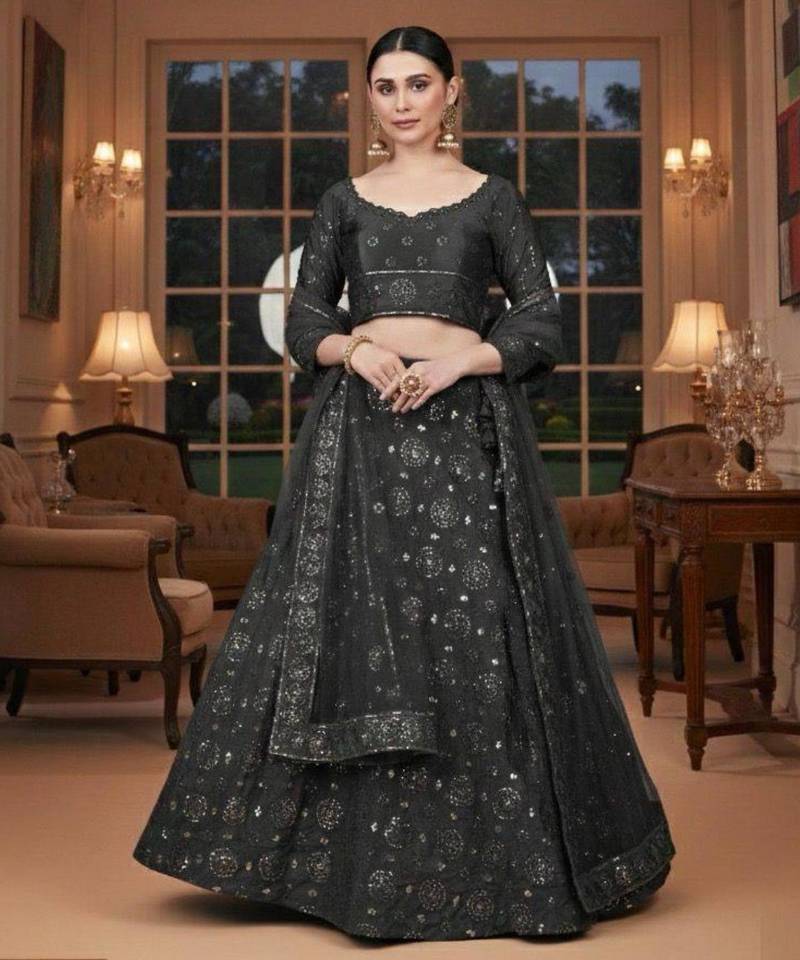 charcoal silk blend printed lehengas