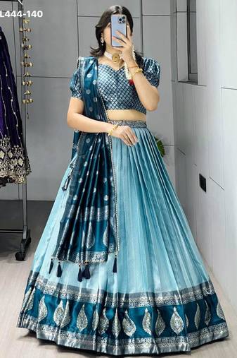 teal blue silk blend brasso lehengas