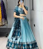 teal blue silk blend brasso lehengas