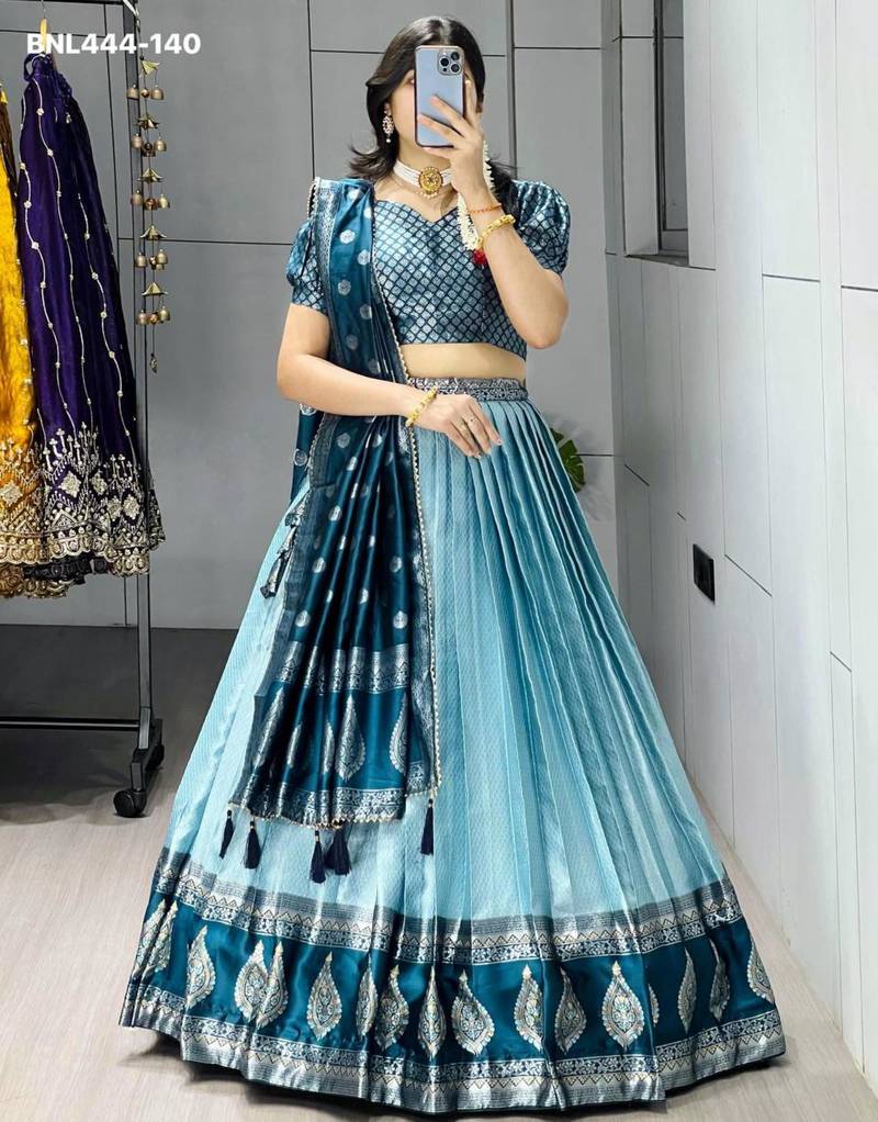 teal blue silk blend brasso lehengas