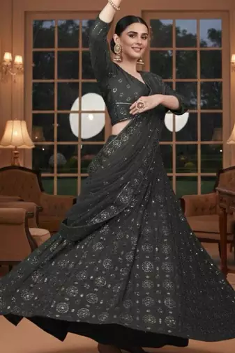 charcoal silk blend printed lehengas