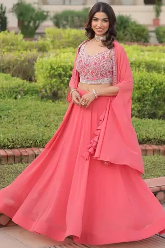 peach georgette plain lehengas