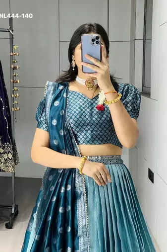 teal blue silk blend brasso lehengas