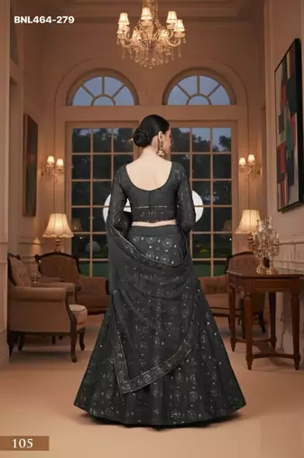charcoal silk blend printed lehengas