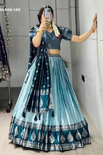 teal blue silk blend brasso lehengas