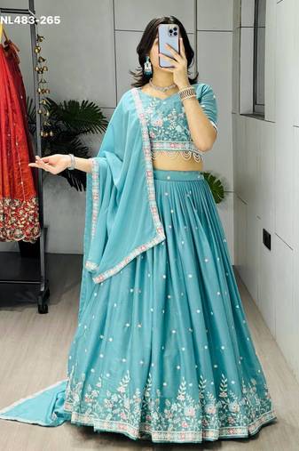 sky blue georgette embroidered lehengas