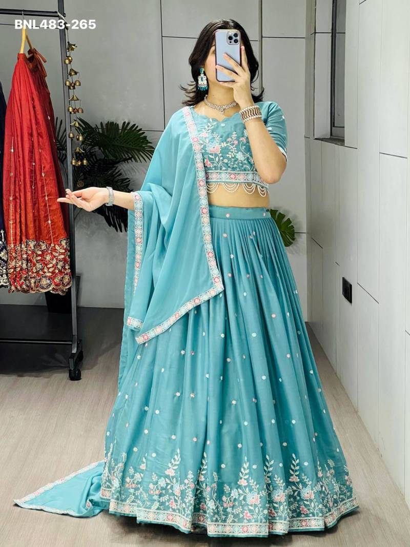 sky blue georgette embroidered lehengas