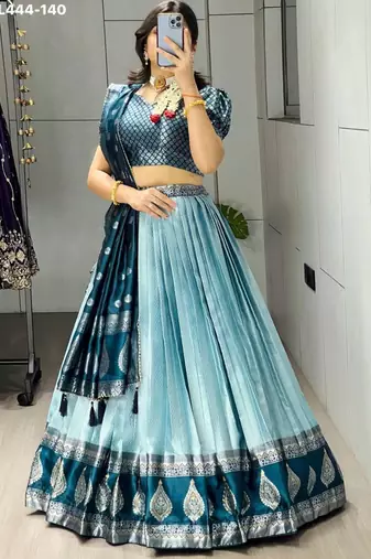 teal blue silk blend brasso lehengas