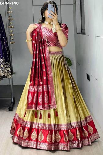 light golden silk blend brasso lehengas