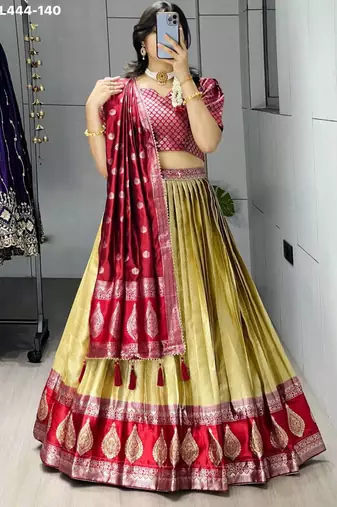 light golden silk blend brasso lehengas