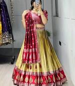 light golden silk blend brasso lehengas