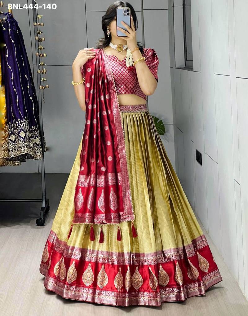light golden silk blend brasso lehengas