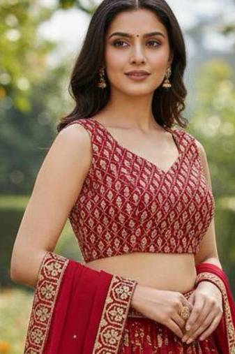 red georgette embroidered lehengas