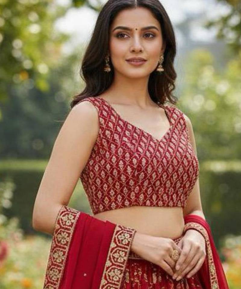 red georgette embroidered lehengas