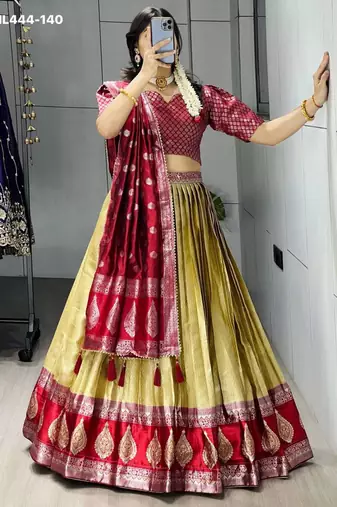 light golden silk blend brasso lehengas