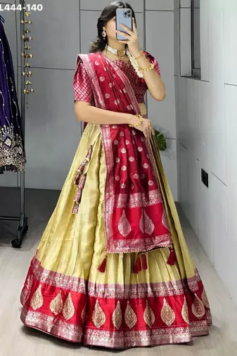 light golden silk blend brasso lehengas