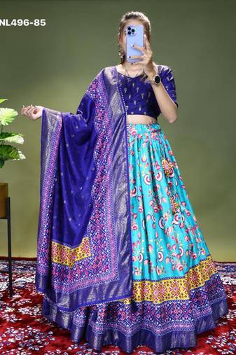 aqua blue silk blend printed lehengas