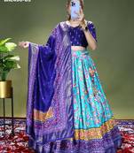 aqua blue silk blend printed lehengas