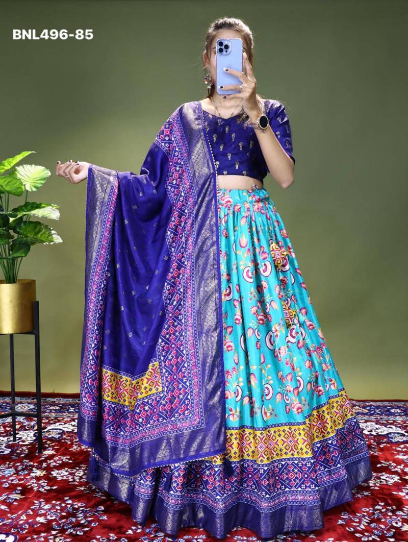 aqua blue silk blend printed lehengas