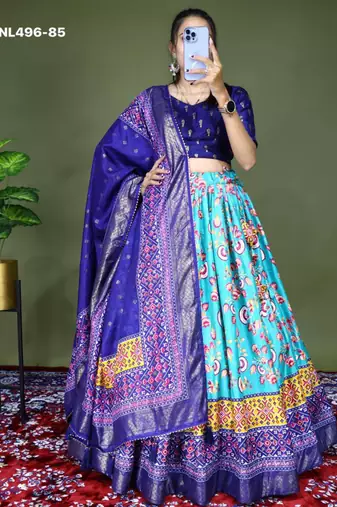 aqua blue silk blend printed lehengas