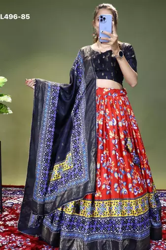 red silk blend printed lehengas