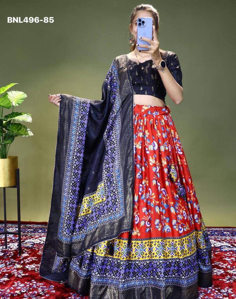 red silk blend printed lehengas