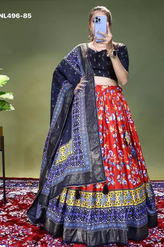 red silk blend printed lehengas