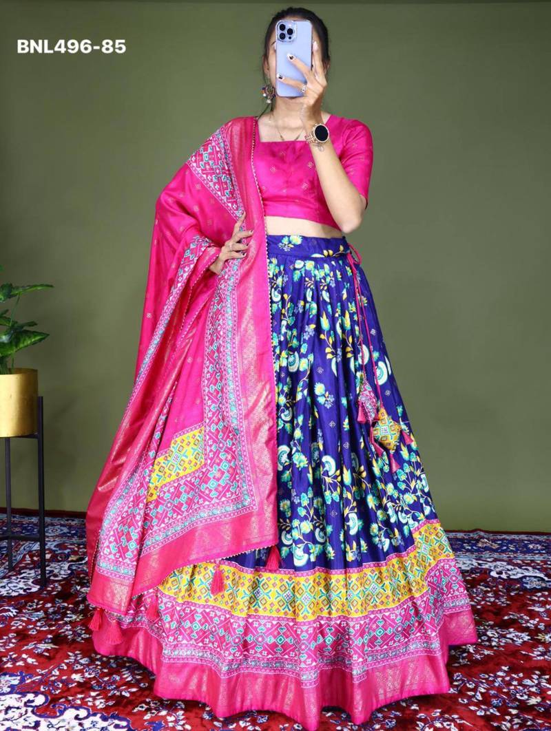 navy blue silk blend printed lehengas