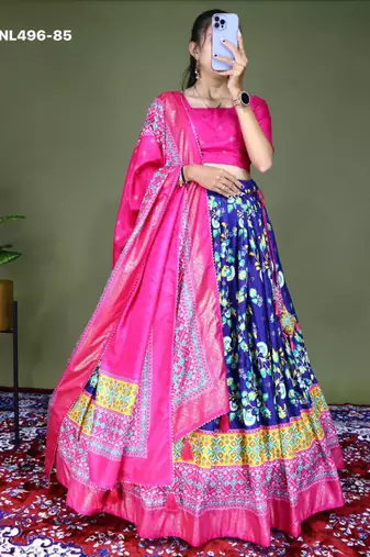 navy blue silk blend printed lehengas