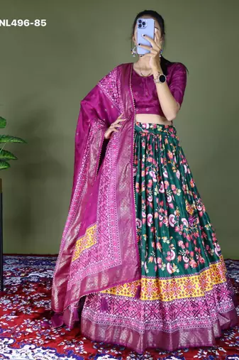 dark green silk blend printed lehengas