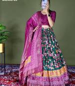 dark green silk blend printed lehengas