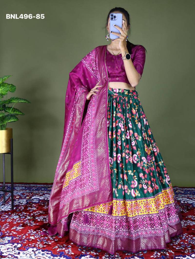 dark green silk blend printed lehengas
