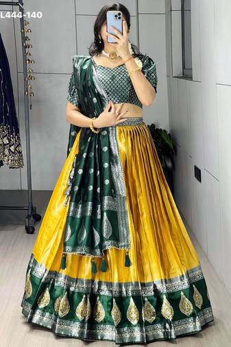 mustard silk blend brasso lehengas