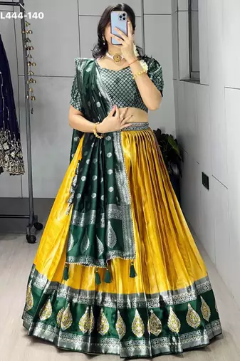 mustard silk blend brasso lehengas