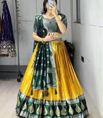 mustard silk blend brasso lehengas