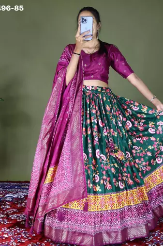 dark green silk blend printed lehengas