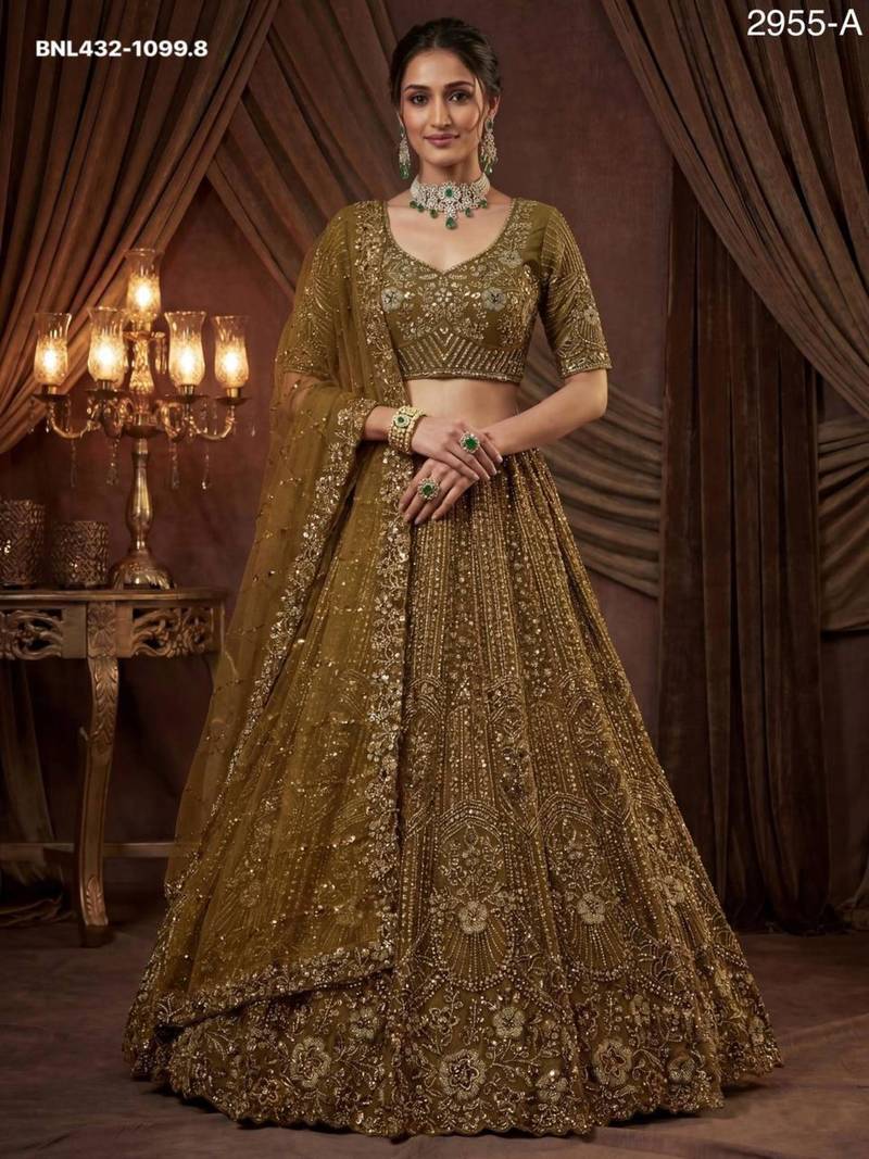 mehendi net embroidered lehengas