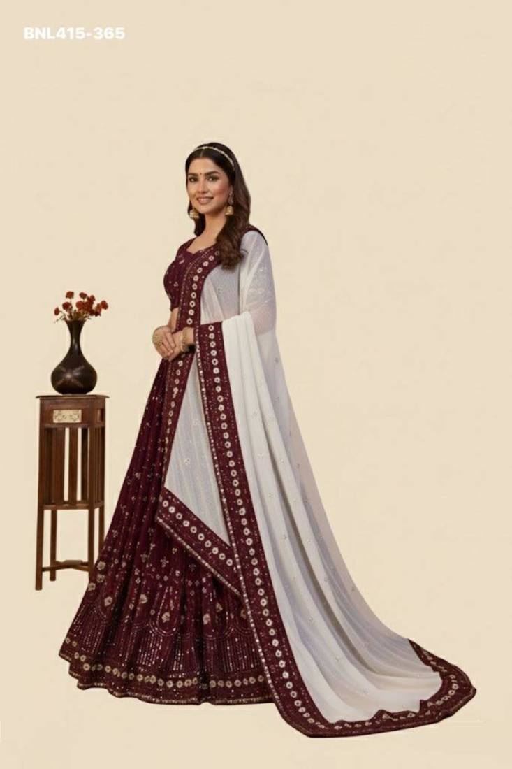 maroon georgette embroidered lehengas