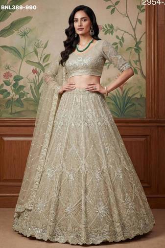 beige net embroidered lehengas