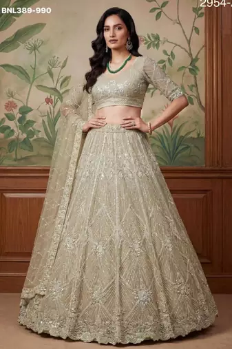 beige net embroidered lehengas