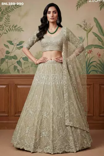 beige net embroidered lehengas