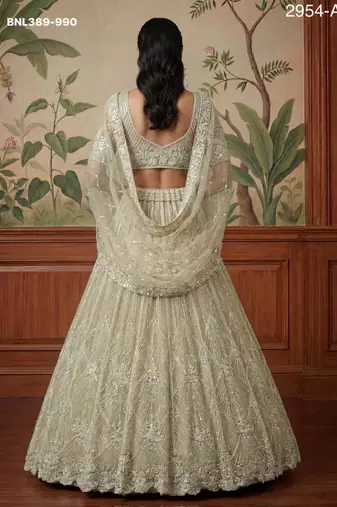 beige net embroidered lehengas