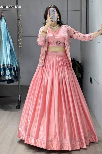 pink chinon plain lehengas