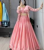 pink chinon plain lehengas