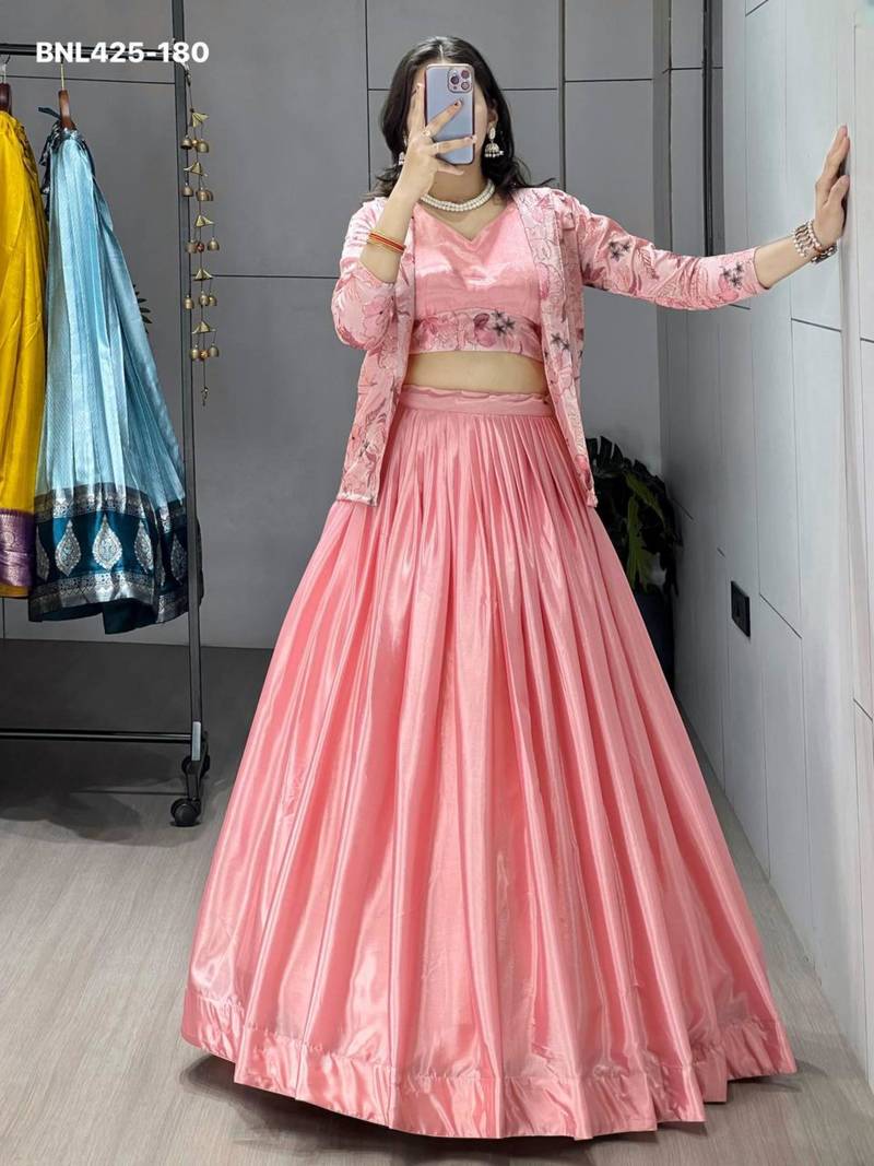 pink chinon plain lehengas