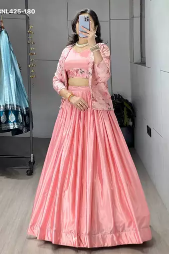 pink chinon plain lehengas