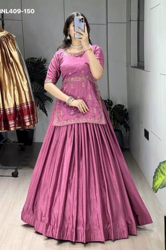 pink chinon plain lehengas