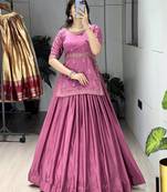 pink chinon plain lehengas