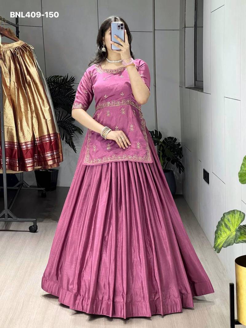 pink chinon plain lehengas