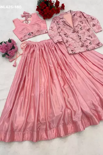 pink chinon plain lehengas